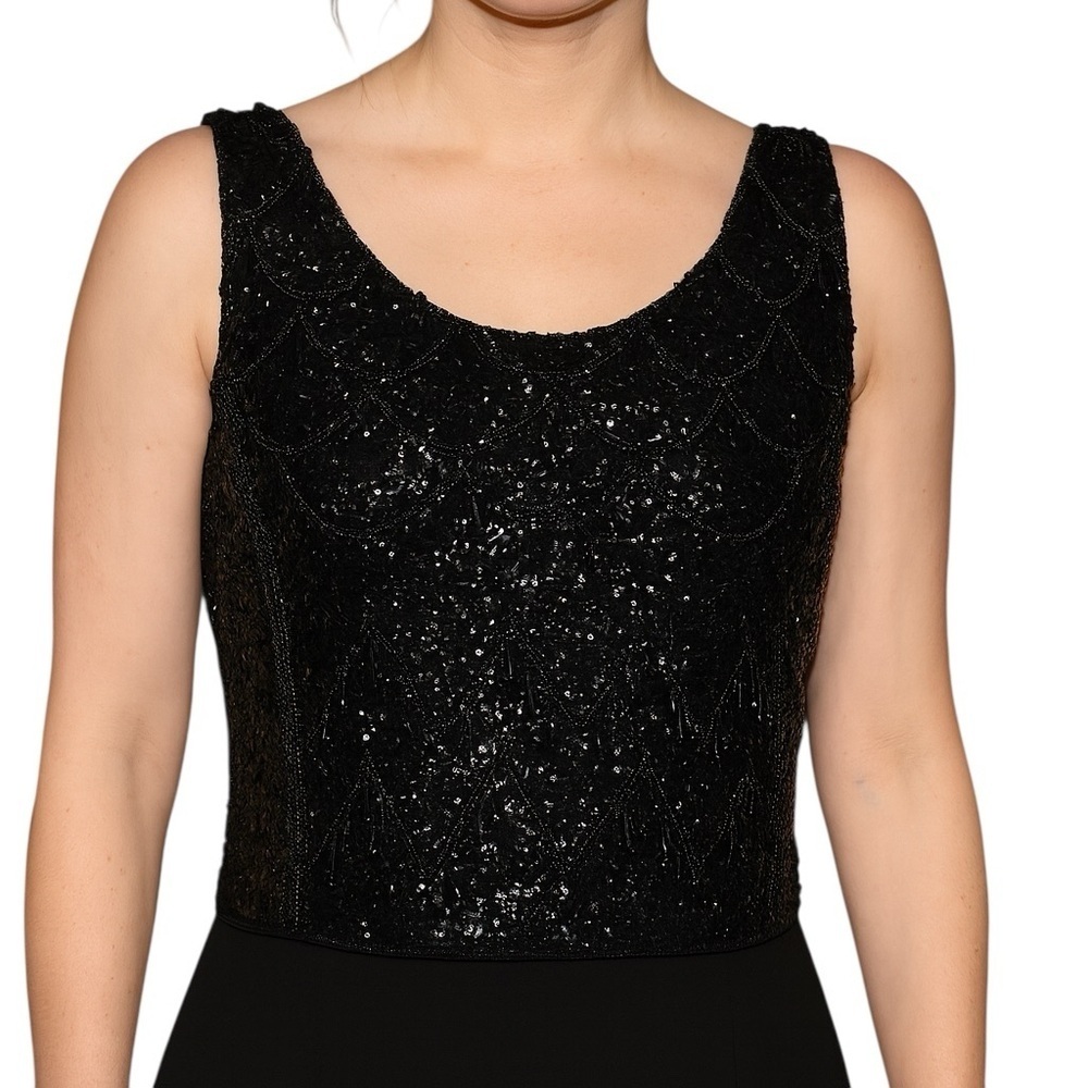 Black Beaded Small Sequin Shimmer Back Zip Tank Blouse Elegant Glam Western